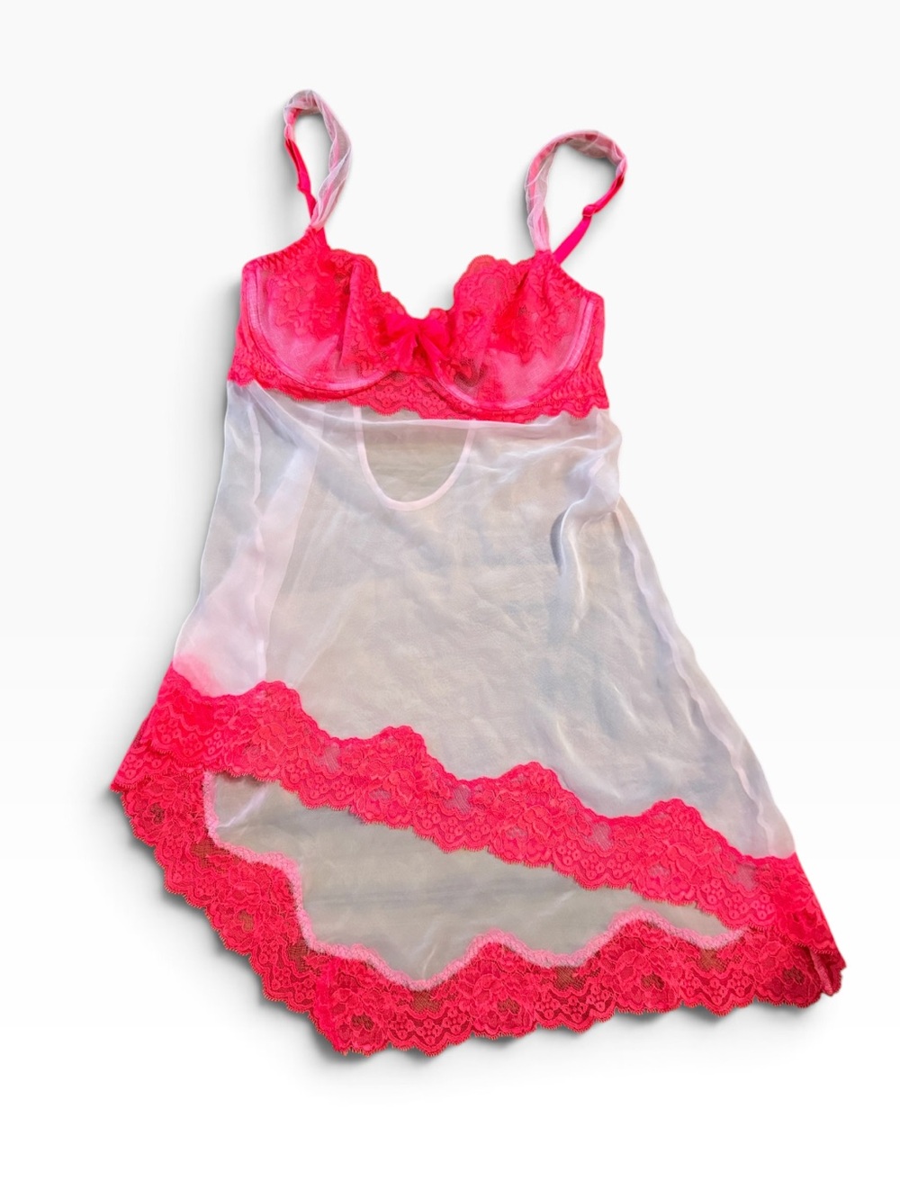 Victoria’s Secret Babydoll Lingerie 36C Neon Pink Lace Sheer Mesh Chemise